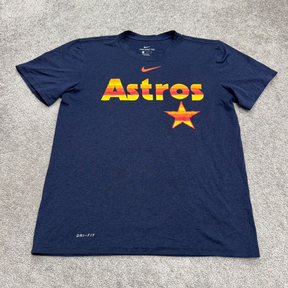The Nike Tee Dri-Fit Houston Astros Graphic T-Shirt Mens Medium Blue Orange Top